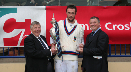 CSNI's Nigel Jones with the TCH Down Democrat Challenge Cup and his Man of the Match award is flanked by on left Ian Gourley, President of the Northern Cricket Union and Kieran Moloney, CEO TCH Democrat Media (C) John Boomer CricketEurope