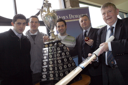 Representatives from Downpatrick, Saintfield, Dundrum and TCH Media join NCU President Ian Gourley for the cup draw