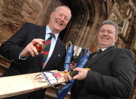 Dr. Basil McNamee (left), chairman of the Schools' Cricket Committee, and Stephen Cruise, Regional Manager, Ulster Bank, at the draw for the Schools' Cup